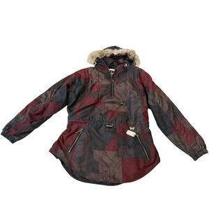 Vintage NILS Womens Anorak Jacket Ski Snowboard Burgundy Green Patchwork Med